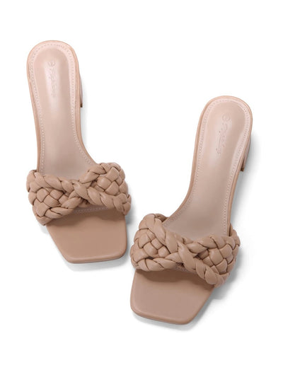 Coffee braided low square heel slides