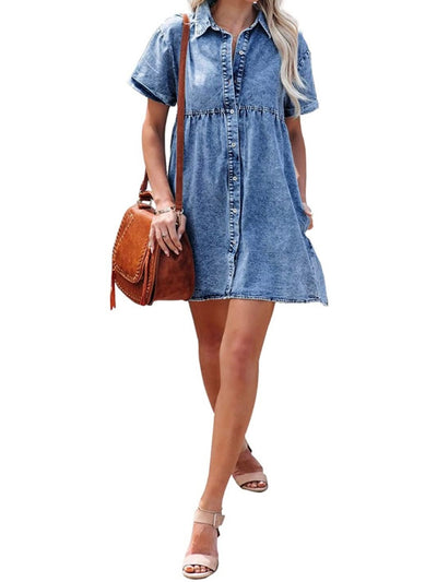 Denim short sleeves short dress buttons closure