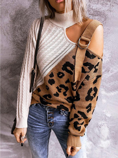 Turtleneck shoulder strap embroidery sweater