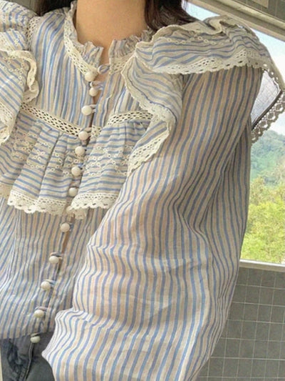 Beige ruffles and lace stripes shirt