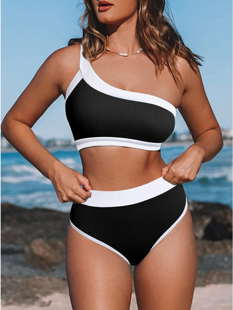 One shoulder black and white top / bottom bikini