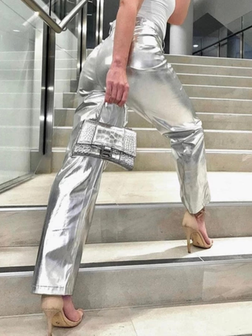 Silver Leather Pants for Women for sale