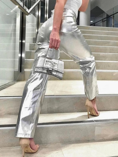 Silver faux leather high rise pants