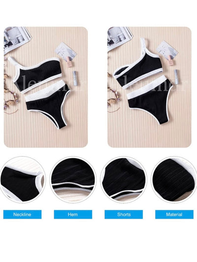 One shoulder black and white top / bottom bikini