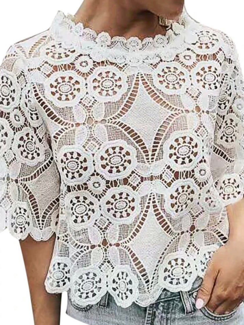 White collar lace floral texture blouse short sleeves