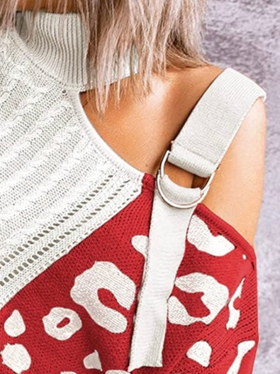 Red turtleneck shoulder strap embroidery sweater