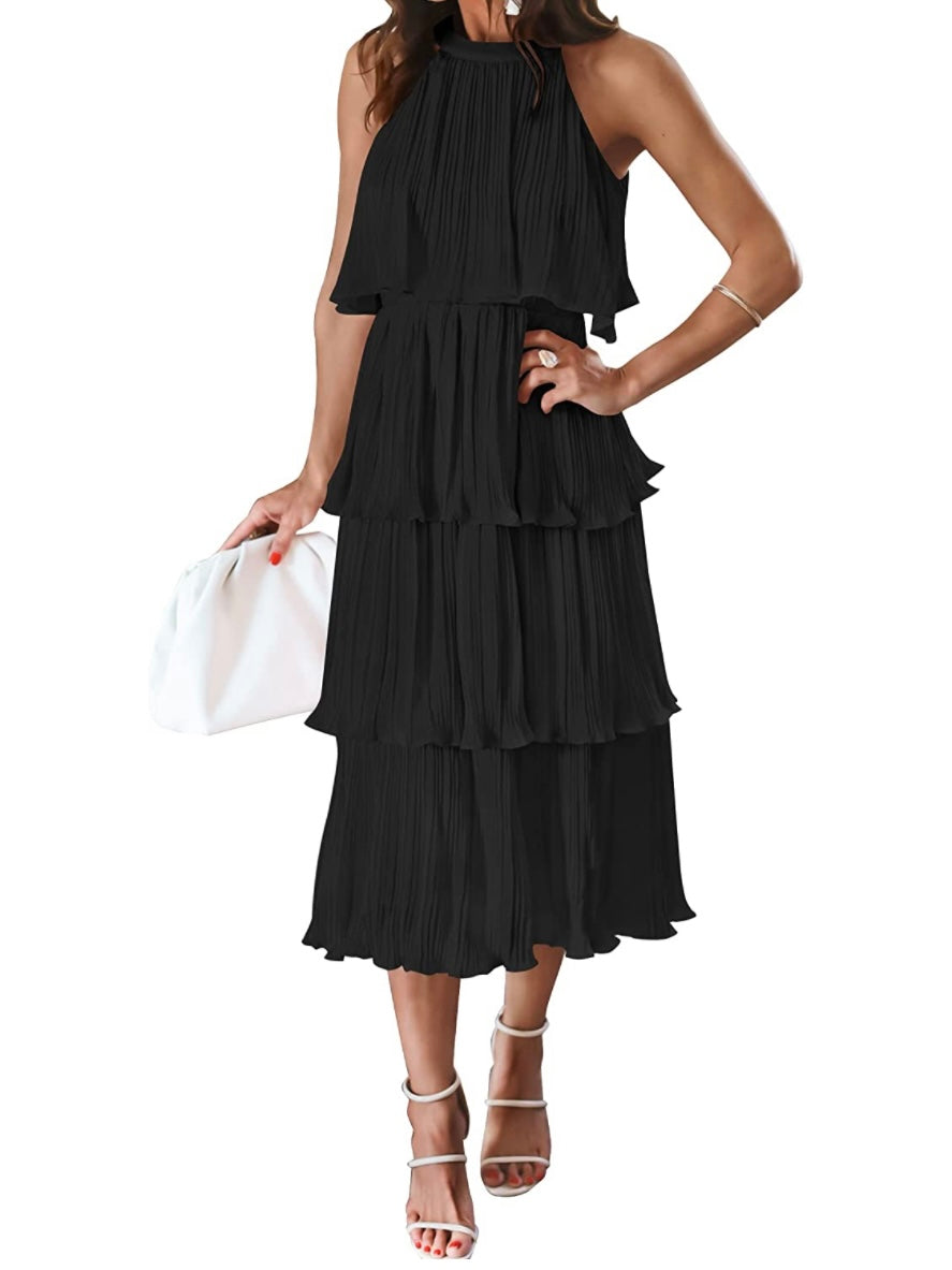 Black layered ruffled  midi dress