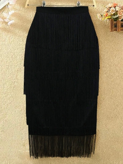 Black layered tassels tube midi skirt