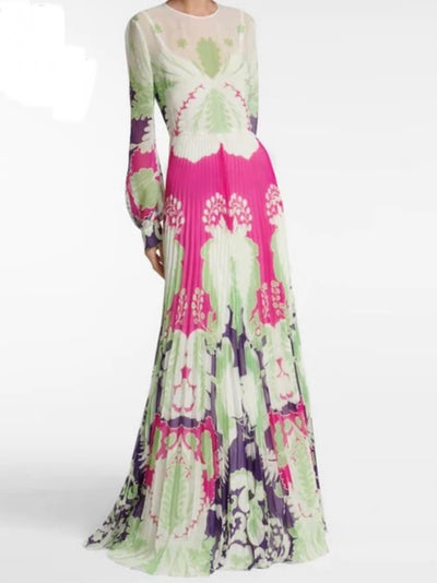 Light green and fuchsia print bomber maxi dress