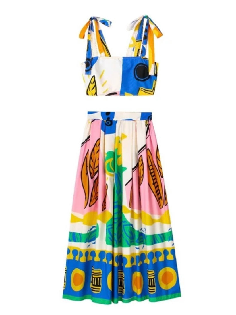 Multicolored tropical set top and skirt