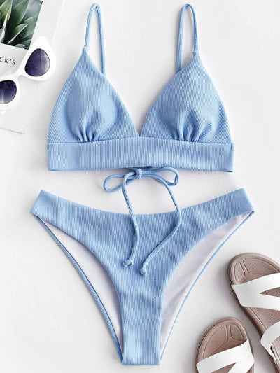 Light blue bikini triangle top and bottom swimwear