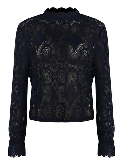 Black collar lace floral texture blouse
