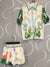 Beige and green dragon print set of 2 top and shorts pants