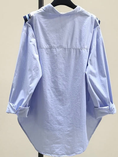 Blue V-neckline mix fabrics shirt