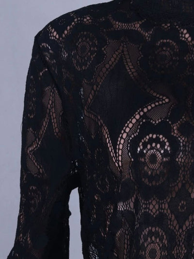 Black collar lace floral texture blouse