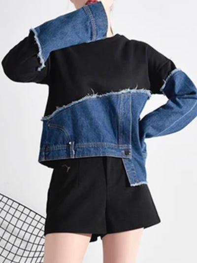 Asymmetric mix fabrics top sweater