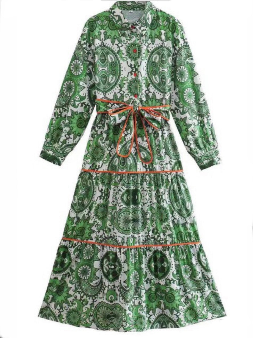 Green print maxi dress