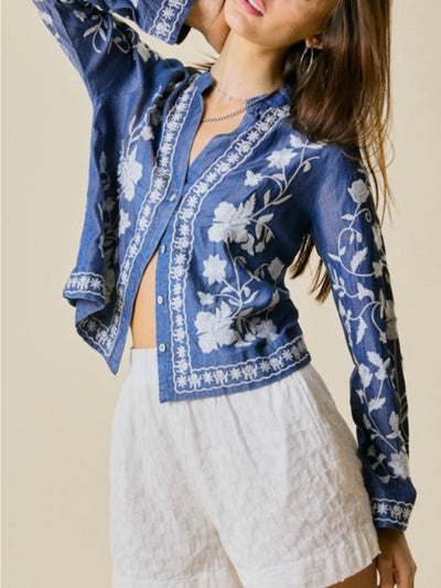 Blue flowers embroidery shirt