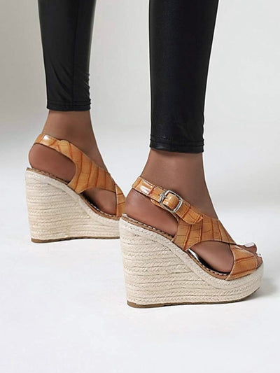 Brown khaki wedge high heels crossed straps sandals