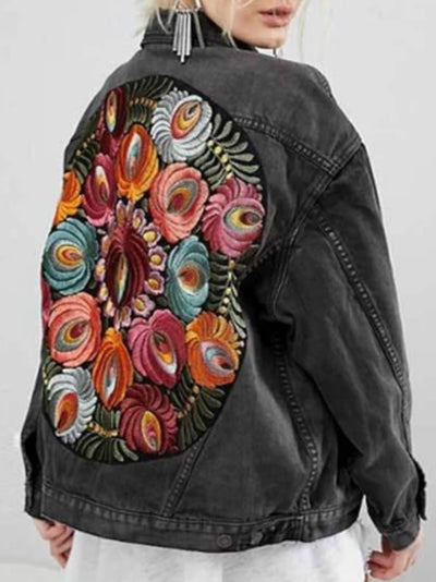 Black jeans embroidered flowers jacket