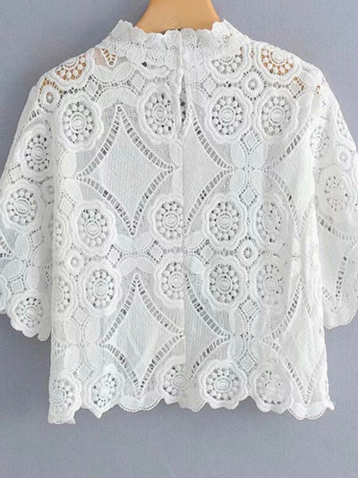 White collar lace floral texture blouse short sleeves