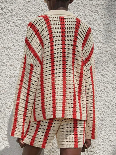 Beige and red stripes knitted sweatsuit and short set
