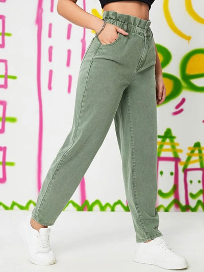 Green elastic waist baggy jeans