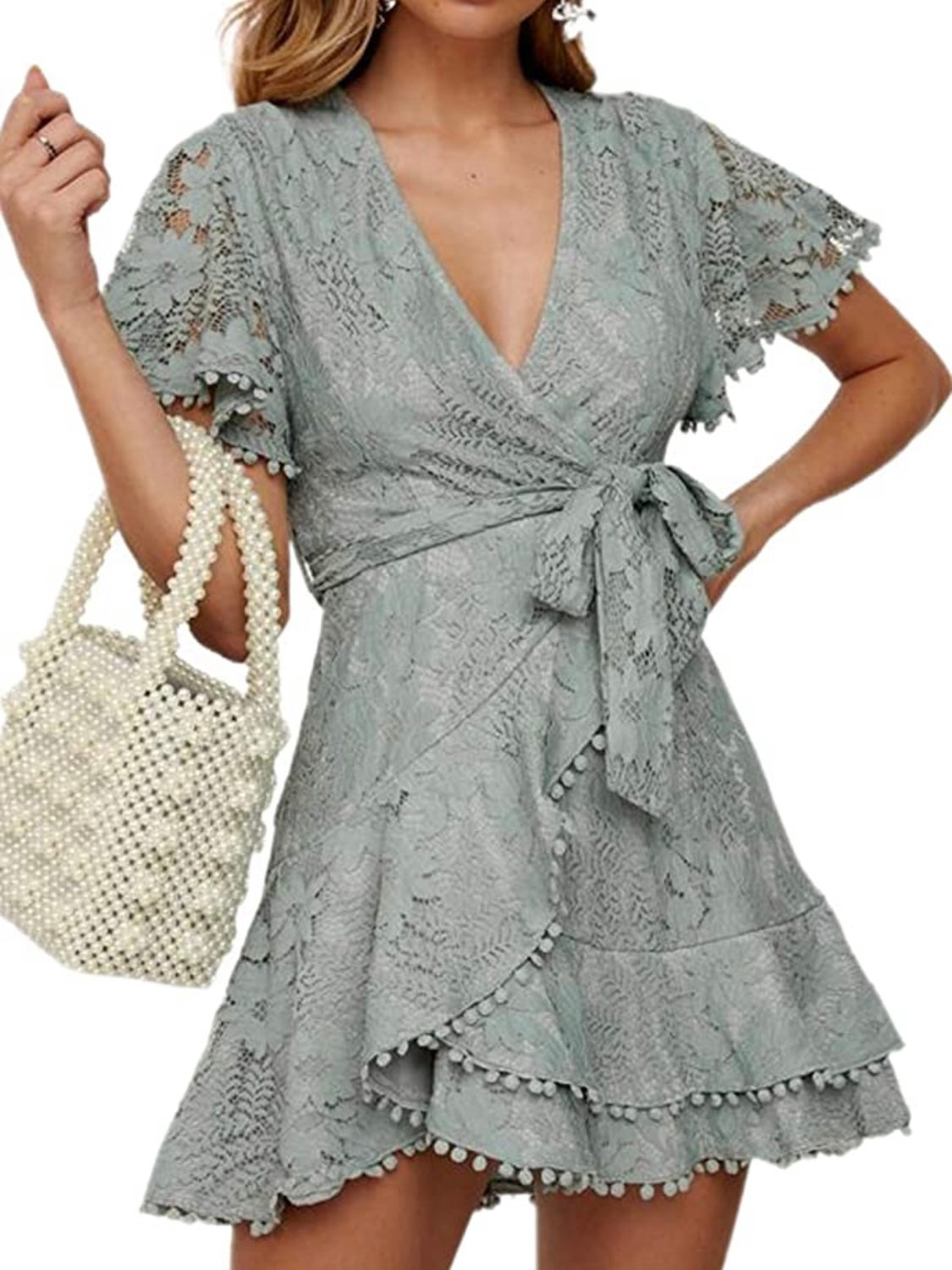 Green lace wrap mini dress