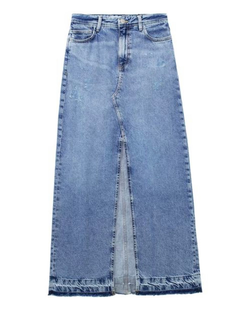 Mid blue denim tube maxi skirt