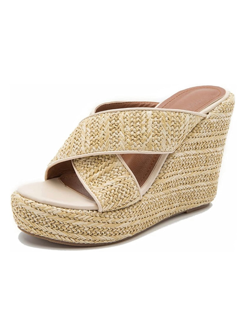 Linen straw wedge high heels crossed straps platform sandals