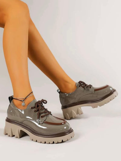 Gray patent loafers platform