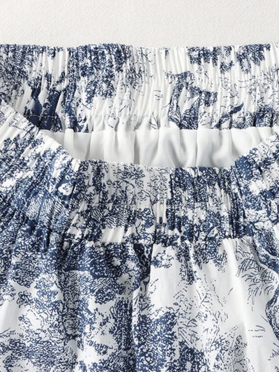 White and blue leafy print maxi skirt