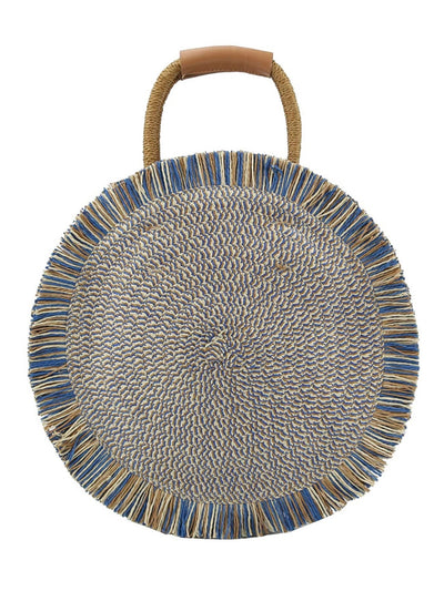 Boho blue round tote beach handbag