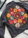 Black jeans embroidered flowers jacket