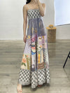 Checkered and flowers print maxi dress