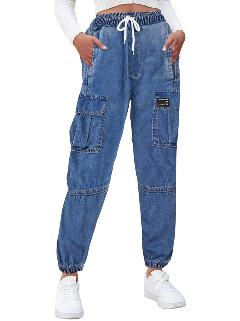 Elastic waist blue cargo jeans joggers