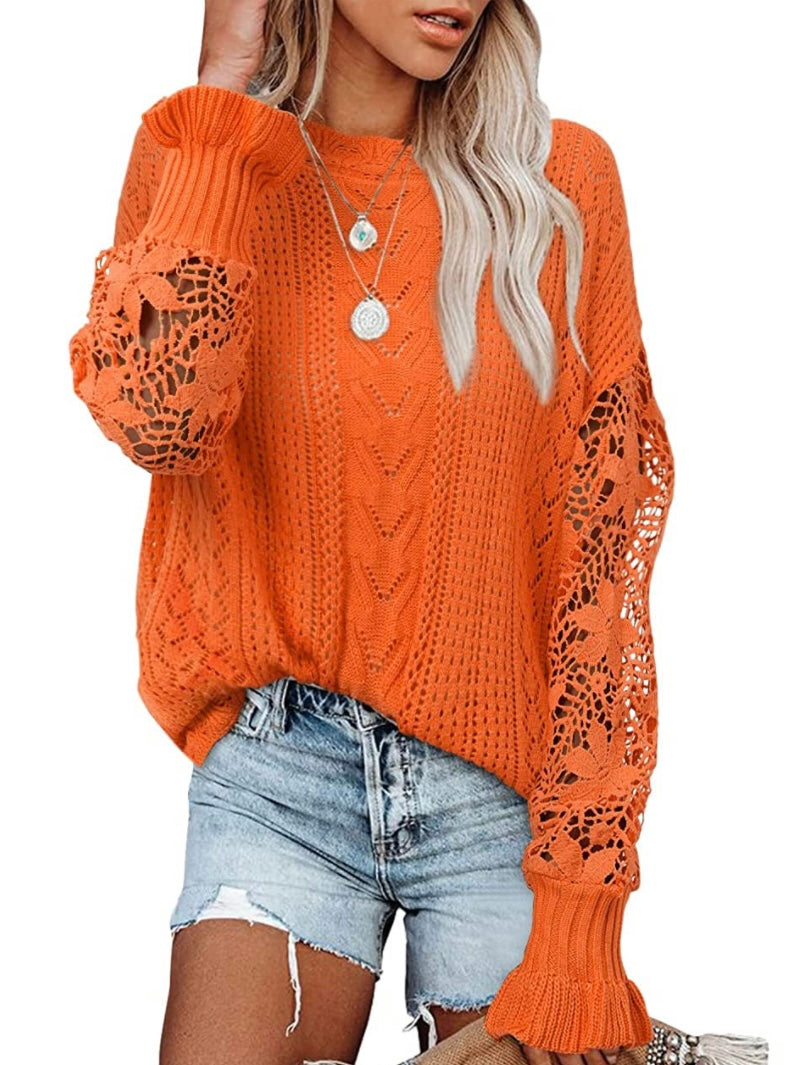 Orange lace crochet pullover sweater