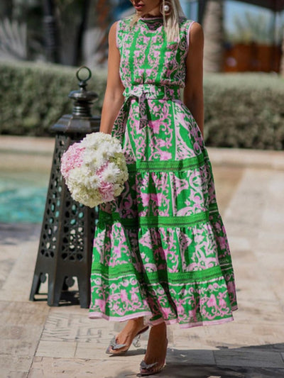 Green and pink flowers maxi dress
