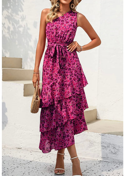 One shoulder fuchsia mini flowers midi dress