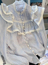 Beige ruffles and lace stripes shirt