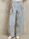 Light blue stripe jeans green big side pockets pants