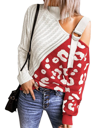 Red turtleneck shoulder strap embroidery sweater
