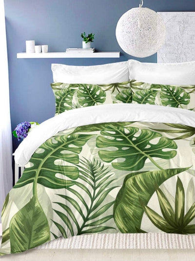 Green leaves and white comforter