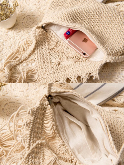 Crochet boho fringed messenger bag