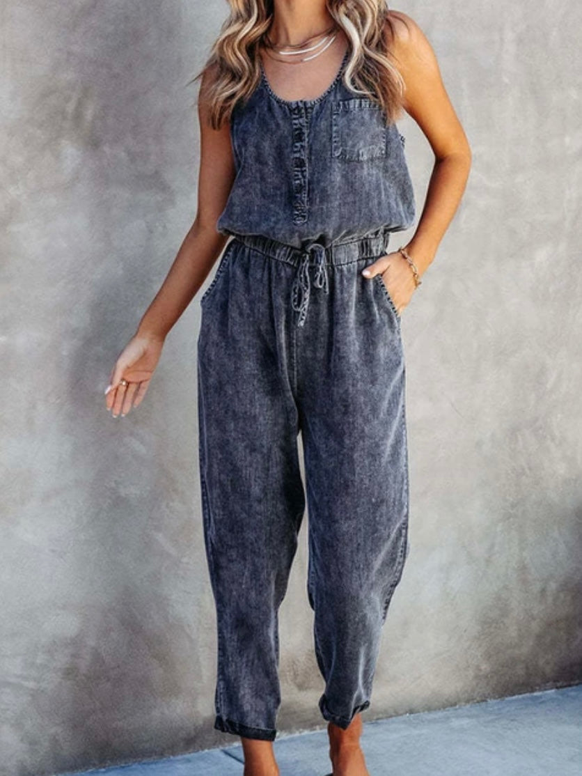 Dark blue gray denim jumper overall