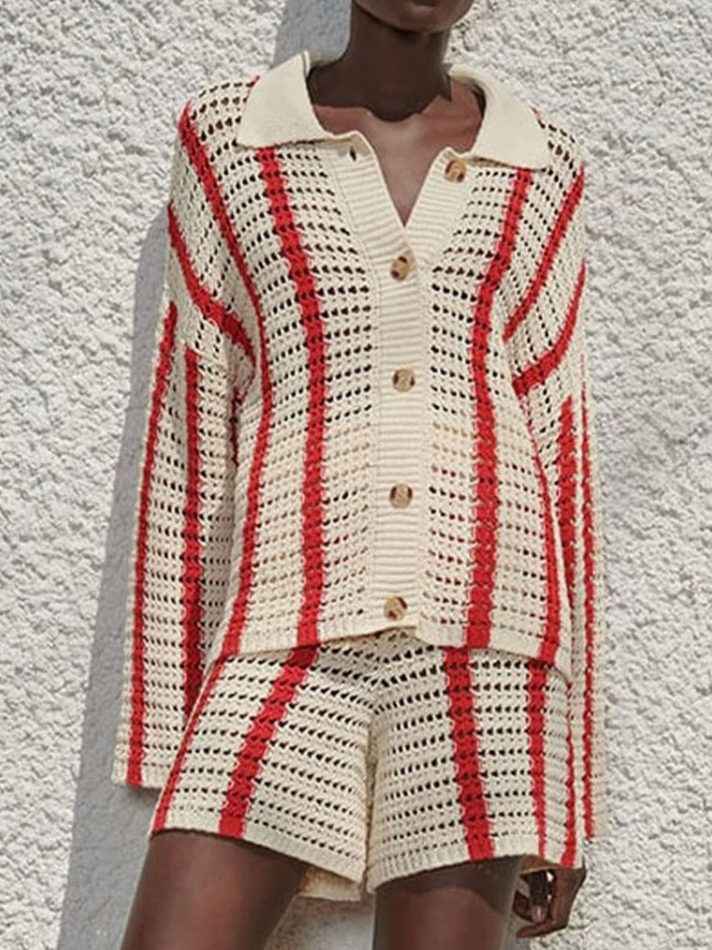 Beige and red stripes knitted sweatsuit and short set