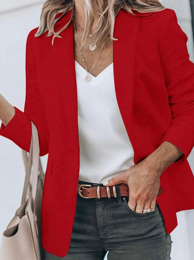 Red blazer draped sleeves
