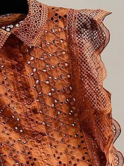 Orange laced short sleeves ruffles blouse