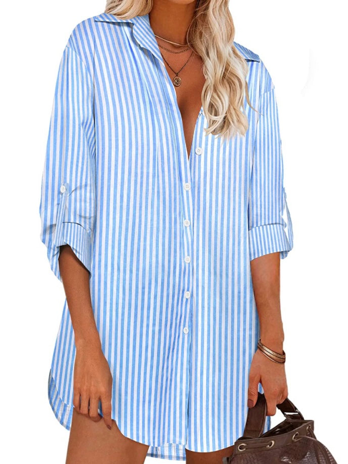 Light blue vertical stripes shirt dress