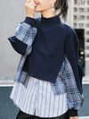 Navy blue asymmetric mix fabrics top sweater